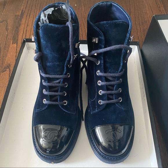 CHANEL Shoes - CHANEL Blue Velvet Lave Up Boots